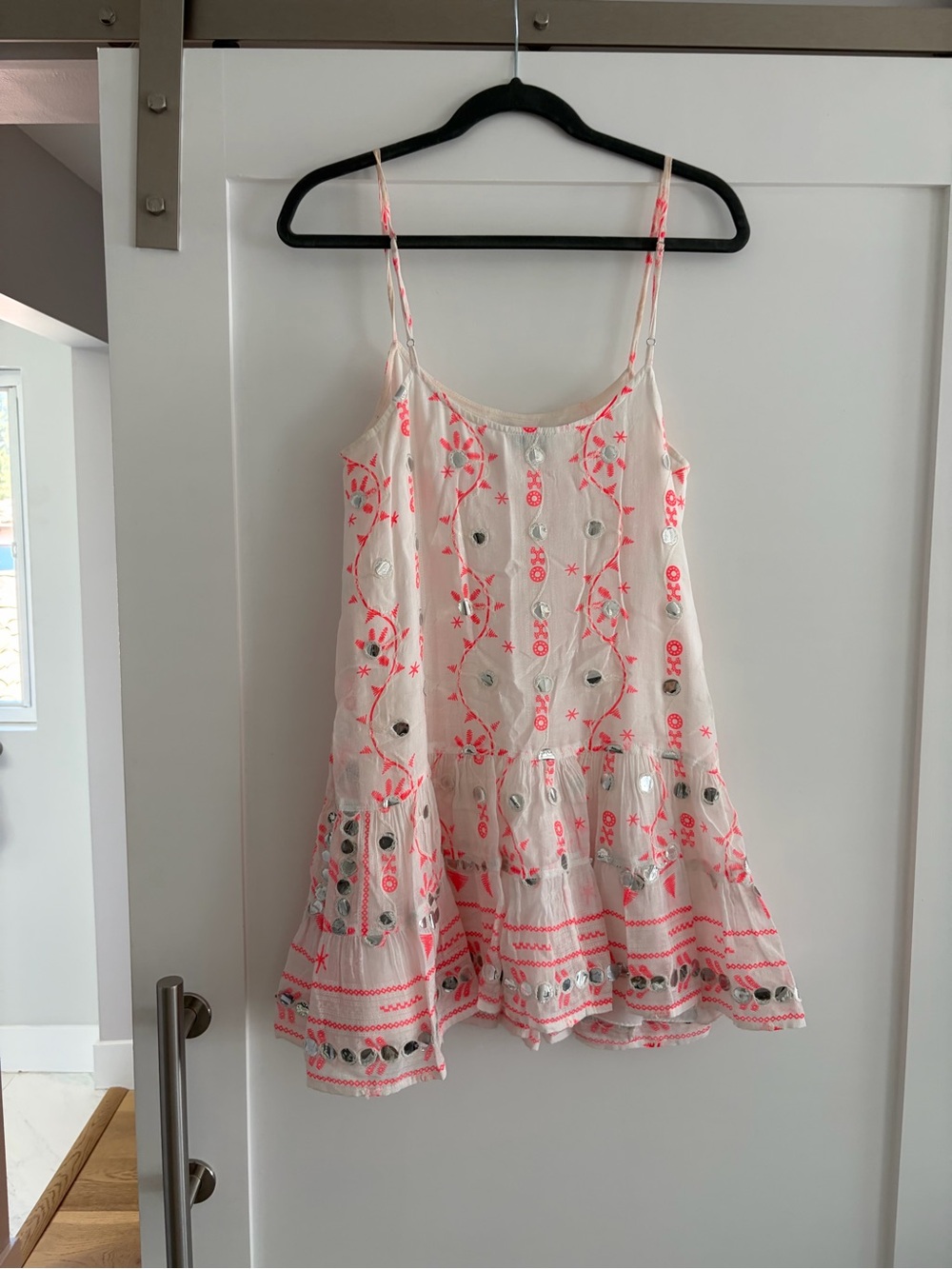 Juliet Dunn White Dress with Neon Pink Embroidery and Mirror Accents